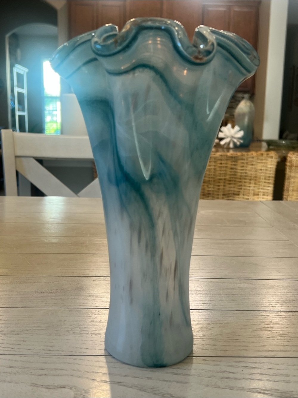 Blue Swirled and Gold Speckled Art Glass Vase - Coastal Beach Decor